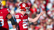 Oklahoma Sooners kicker Tate Sandell (29) reacts after making a field goal during the first half against LSU at Gaylord Family-Oklahoma Memorial Stadium. 
