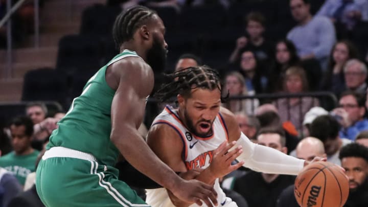 Nov 5, 2022; New York, New York, USA;  New York Knicks guard Jalen Brunson (11) looks to drive past Boston Celtics guard Jaylen Brown (7) in the third quarter at Madison Square Garden. Mandatory Credit: Wendell Cruz-USA TODAY Sports