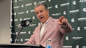Arkansas head coach John Calipari speaks to the press after his team lost a game to Michigan State on Nov. 8, 2025.