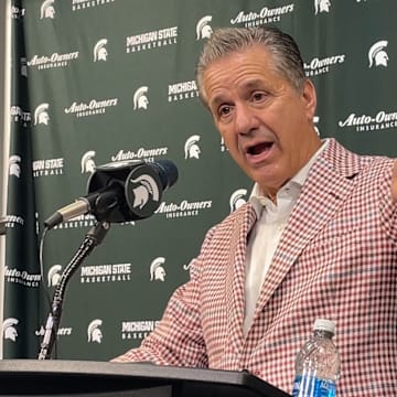 Arkansas head coach John Calipari speaks to the press after his team lost a game to Michigan State on Nov. 8, 2025.
