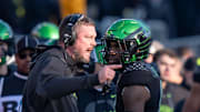 Oregon head coach Dan Lanning yells at Oregon wide receiver Malik Benson after Benson was called for unsportsmanlike conduct as the Oregon Ducks host the USC Trojans on Nov. 22, 2025, at Autzen Stadium in Eugene, Oregon.