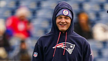 New England Patriots quarterback Drake Maye (10) on the field before the start of the game at Gillette Stadium.