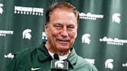 Michigan State's head coach Tom Izzo smiles while speaking to reporters during basketball media day Wednesday, Oct. 20, 2021, at the Breslin Center in East Lansing.

211020 Msu Bball Media Day 023a