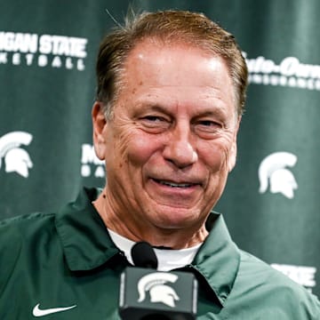 Michigan State's head coach Tom Izzo smiles while speaking to reporters during basketball media day Wednesday, Oct. 20, 2021, at the Breslin Center in East Lansing.

211020 Msu Bball Media Day 023a