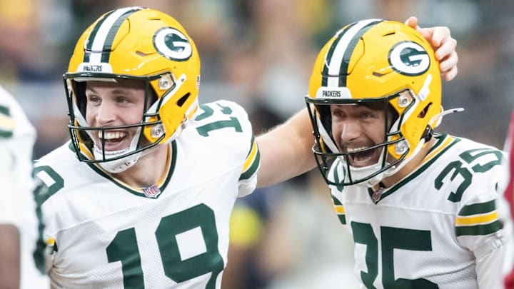 Oct 19, 2025; Glendale, Arizona, USA; Green Bay Packers kicker Lucas Havrisik (35) celebrates a field goal with punter Daniel Whelan (19) against the Arizona Cardinals in the first half at State Farm Stadium.