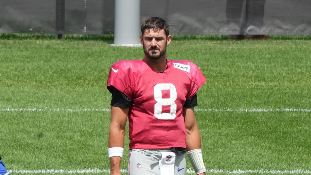 Florham Park, NJ -- August 21, 2024 -- Giants quarterback Daniel Jones during practice. The New York Giants came to the Atlantic Health Jets Training Center in Florham Park, New Jersey to take part in a joint practice with the New York Jets.