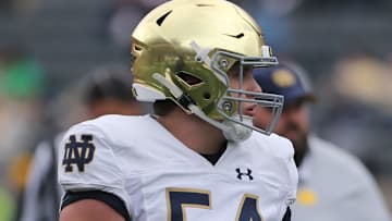 Notre Dame offensive lineman Anthonie Knapp (54) Saturday, April 20, 2024, at the annual Notre Dame Blue-Gold spring football game at Notre Dame Stadium in South Bend.