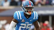 Sep 28, 2024; Oxford, Mississippi, USA; Mississippi Rebels defensive back Trey Washington (25) waits for the snap during the first half against the Kentucky Wildcats at Vaught-Hemingway Stadium. Mandatory Credit: Petre Thomas-Imagn Images