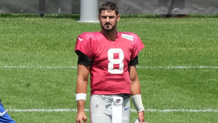 Florham Park, NJ -- August 21, 2024 -- Giants quarterback Daniel Jones during practice. The New York Giants came to the Atlantic Health Jets Training Center in Florham Park, New Jersey, to take part in a joint practice with the New York Jets.