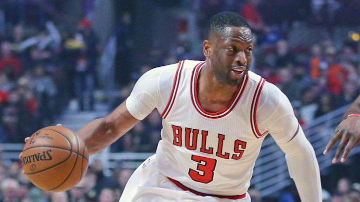 Mar 10, 2017; Chicago, IL, USA; Chicago Bulls guard Dwyane Wade (3) drives around Houston Rockets guard James Harden (13) during the first quarter at the United Center. 