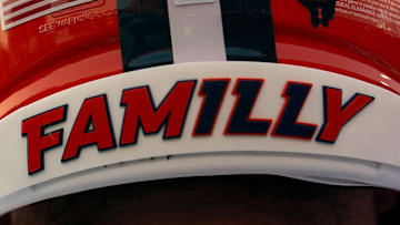 Sep 8, 2023; Lawrence, Kansas, USA; A general view of the helmet worn by Illinois Fighting Illini offensive lineman Zachary Barlev (68) during the first half against the Kansas Jayhawks at David Booth Kansas Memorial Stadium. Mandatory Credit: Jay Biggerstaff-Imagn Images