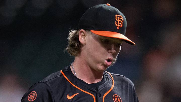 Jul 27, 2024; San Francisco, California, USA; San Francisco Giants starting pitcher Hayden Birdsong (60) reacts after the fifth inning against the Colorado Rockies at Oracle Park. Mandatory Credit: D. Ross Cameron-Imagn Images