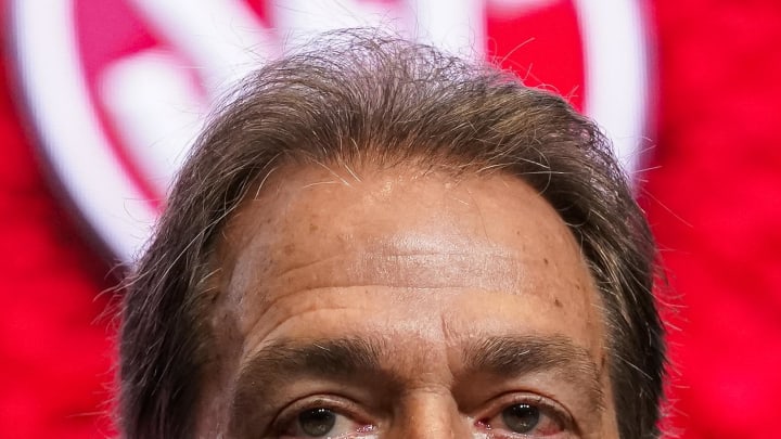 Jul 19, 2022; Atlanta, GA, USA; Alabama head coach Nick Saban talks to the media during SEC Media Days at the College Football Hall of Fame. Mandatory Credit: Dale Zanine-USA TODAY Sports