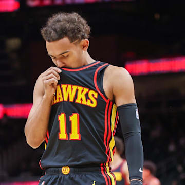 Nov 15, 2023; Atlanta, Georgia, USA; Atlanta Hawks guard Trae Young (11) before a game against the New York Knicks at State Farm Arena. Mandatory Credit: Brett Davis-Imagn Images
