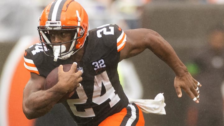 Sep 10, 2023; Cleveland, Ohio, USA; Cleveland Browns running back Nick Chubb (24) runs the ball against the Cincinnati Bengals during the third quarter at Cleveland Browns Stadium. Mandatory Credit: Scott Galvin-USA TODAY Sports