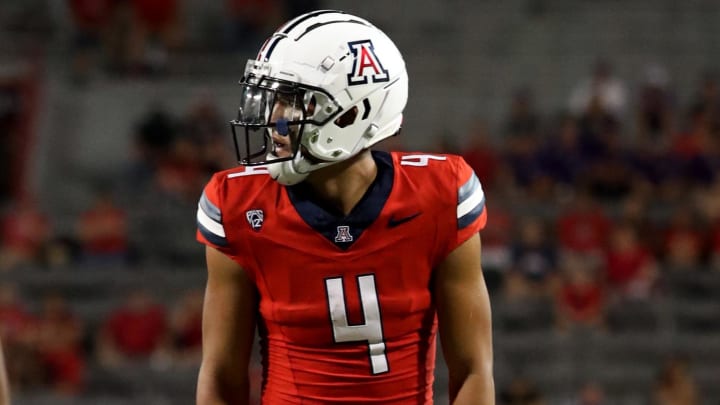 Sep 30, 2023; Tucson, Arizona, USA; Arizona Wildcats wide receiver Tetairoa McMillan (4) gets set before the snap of the ball against the Washington Huskies in the second half at Arizona Stadium