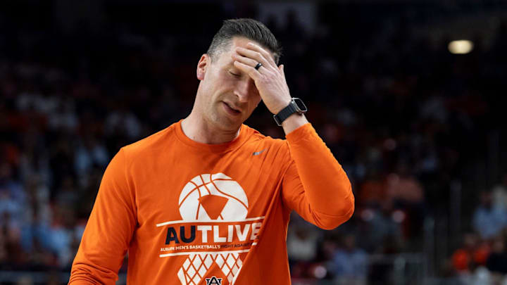 Auburn Tigers head coach Steven Pearl reacts to a play as Auburn Tigers take on Kentucky Wildcats at Neville Arena in Auburn, Ala. on Saturday, Feb. 21, 2026. Auburn Tigers defeated Kentucky Wildcats 75-74.