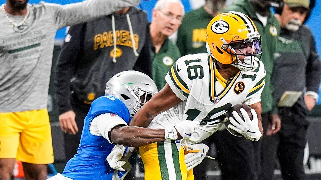 Detroit Lions cornerback Terrion Arnold (6) tackles Green Bay Packers cornerback Bo Melton (16) 