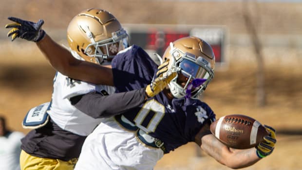 Notre Dame wide receiver Deion Colzie in practice before the 2023 Sun Bow