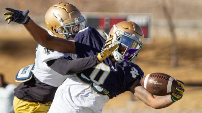 Notre Dame's Deion Colzie makes a one handed catch during practice at the SAC on Dec. 26, 2023, as
