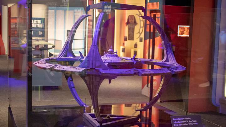 A miniature used in the filming of Deep Space Nine, at The Children's Museum of Indianapolis, Indianapolis, Wednesday, Jan. 23, 2019. The show is made up of set pieces, ship models, and outfits used during various Star Trek shows and movies, is on display at the museum from Feb. 2 through April 7, 2019. 

Trekkie Memorabilia Comes To Children S Museum