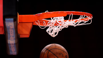 Oct 27, 2025; Houston, Texas, USA; A detail shot of a basketball going through the hoop.
