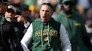 Green Bay Packers head coach Matt LaFleur argues against the taunting penalty on safety Xavier McKinney during the season opener against the Detroit Lions on Sept. 7, 2025, at Lambeau Field in Green Bay, Wis.