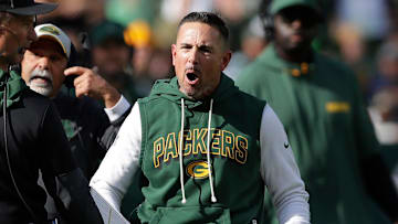 Green Bay Packers head coach Matt LaFleur argues against the taunting penalty on safety Xavier McKinney during the season opener against the Detroit Lions on Sept. 7, 2025, at Lambeau Field in Green Bay, Wis.