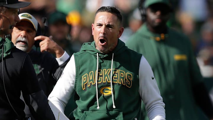 Green Bay Packers head coach Matt LaFleur argues against the taunting penalty on safety Xavier McKinney during the season opener against the Detroit Lions on Sept. 7, 2025, at Lambeau Field in Green Bay, Wis. Green Bay Packers head coach Matt LaFleur argues against the taunting penalty on safety Xavier McKinney during the season opener against the Detroit Lions on Sept. 7, 2025, at Lambeau Field in Green Bay, Wis.