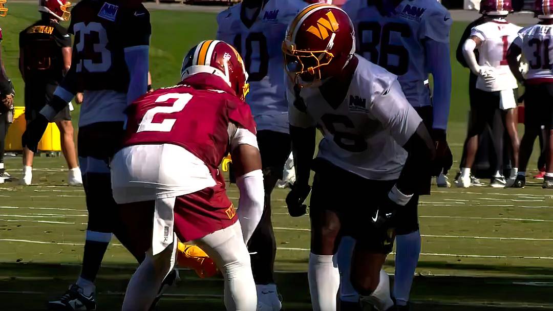 Washington Commanders cornerback Amik Robertson (2) lines up across from wide receiver Dyami Brown during a training camp practice in Ashburn, Va.
