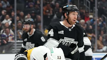 Jan 20, 2025; Los Angeles, California, USA;  Pittsburgh Penguins right wing Kevin Hayes (13) celebrates after scoring a goal during the first period against the Los Angeles Kings at Crypto.com Arena. Mandatory Credit: Kiyoshi Mio-Imagn Images