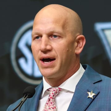 Jul 14, 2025; Atlanta, GA, USA; Vanderbilt Commodores head coach Clark Lea talks with the media during SEC Media Day at Omni Atlanta Hotel. Mandatory Credit: Jordan Godfree-Imagn Images