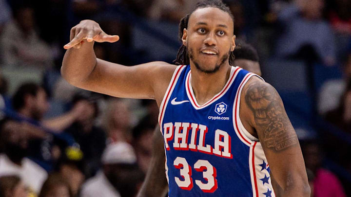 Feb 21, 2026; New Orleans, Louisiana, USA;  Philadelphia 76ers forward Jabari Walker (33) reacts to making a three-point basket against the New Orleans Pelicans during the second half at Smoothie King Center.