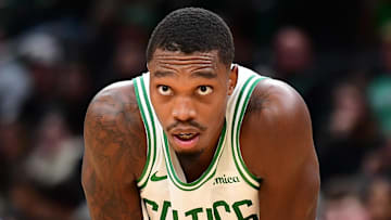 Oct 13, 2024; Boston, Massachusetts, USA;  Boston Celtics guard Lonnie Walker IV (12) during the second half against the Toronto Raptors at TD Garden. Mandatory Credit: Bob DeChiara-Imagn Images