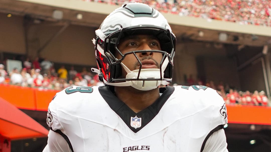  Philadelphia Eagles running back AJ Dillon (29) takes the field prior to a game against the Kansas City Chiefs at GEHA Field at Arrowhead Stadium.
