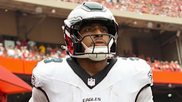  Philadelphia Eagles running back AJ Dillon (29) takes the field prior to a game against the Kansas City Chiefs at GEHA Field at Arrowhead Stadium.