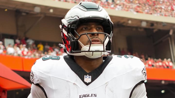  Philadelphia Eagles running back AJ Dillon (29) takes the field prior to a game against the Kansas City Chiefs at GEHA Field at Arrowhead Stadium.