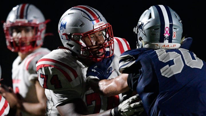 Jefferson County's Nic Moore (74) holds back Farragut's Brice Fontenot (50) during a Class 6A week 1 playoff football game between Farragut and Jefferson County High school in Farragut, Tenn., on Friday, Nov. 4, 2022.

Kns Preps Farragut Vs Jefferson County