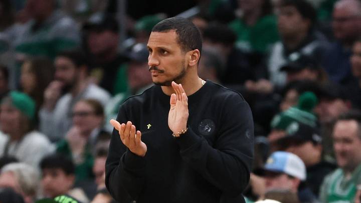 Mar 1, 2026; Boston, Massachusetts, USA; Boston Celtics head coach Joe Mazzulla reacts during the first half against the Philadelphia 76ers at TD Garden. Mandatory Credit: Paul Rutherford-Imagn Images