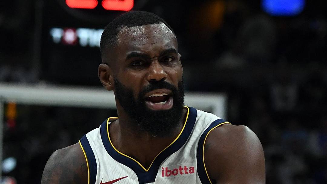 Apr 18, 2026; Denver, Colorado, USA; Denver Nuggets guard Tim Hardaway Jr. (10) yells at a referee for a foul during the first half against the Minnesota Timberwolves in game one of the first round of the 2026 NBA Playoffs at Ball Arena. Mandatory Credit: Christopher Hanewinckel-Imagn Images