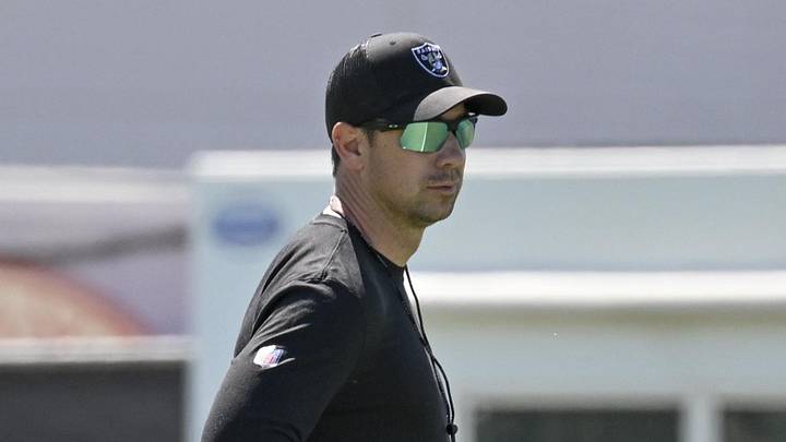 Las Vegas Raiders head coach Klint Kubiak looks on during organized team activities.