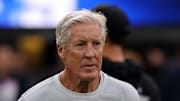 Nov 30, 2025; Inglewood, California, USA; Las Vegas Raiders head coach Pete Carroll before the game at SoFi Stadium. Mandatory Credit: Kiyoshi Mio-Imagn Images