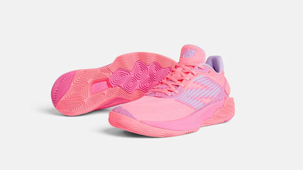 Pink New Balance basketball shoes.