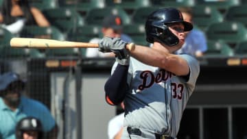 Aug 25, 2024; Chicago, Illinois, USA; Detroit Tigers second base Colt Keith (33) hits a two-run double during the eighth inning against the Chicago White Sox at Guaranteed Rate Field. 