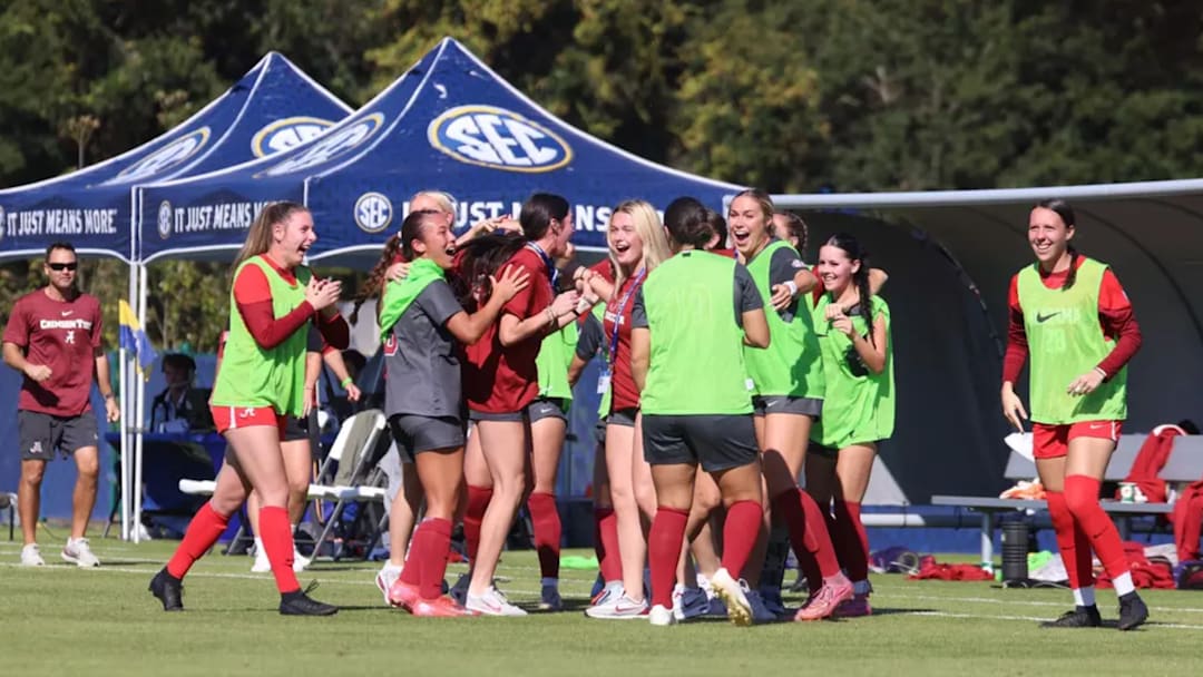 The University of Alabama Soccer team celebrates a goal against University of South Carolina during the First Round of the SEC Tournament at Ashton Brosnaham Soccer Complex in Pensacola, FL on Sunday, Nov 2, 2025.