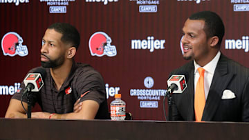 Cleveland Browns quarterback Deshaun Watson, right, smiles as he answers questions while general manager Andrew Berry looks on during Watson's introductory press conference at the Cleveland Browns Training Facility in Berea.

Watsonpress File 2