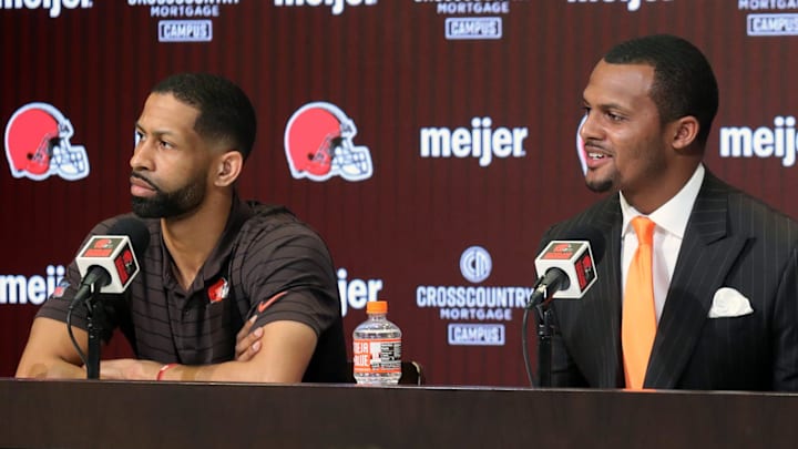 Cleveland Browns quarterback Deshaun Watson, right, smiles as he answers questions while general manager Andrew Berry looks on during Watson's introductory press conference at the Cleveland Browns Training Facility in Berea.

Watsonpress File 2