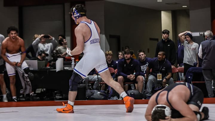 Stillwater's Ethan Teague celebrates after he recorded the last of three straight, match-ending falls, which lifted his team to a stunning, 33-32, victory over rival Edmond North for the 2025 Oklahoma Class 6A Dual Meet State Championship. Teague needed just 16 seconds to deck Maddox Gregg. Stillwater's Ethan Teague celebrates after he recorded the last of three straight, match-ending falls, which lifted his team to a stunning, 33-32, victory over rival Edmond North for the 2025 Oklahoma Class 6A Dual Meet State Championship. Teague needed just 16 seconds to deck Maddox Gregg.