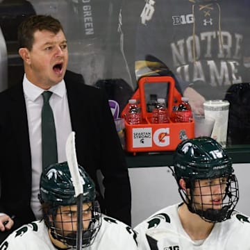 MSU hockey coach Adam Nightingale coaches his Spartans against Notre Dame, Saturday, Nov. 15, 2024, at Munn Ice Arena. MSU won 4-3 to sweep the series.