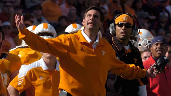 Tennessee head coach Derek Dooley reacts to a call during the game against Ole Miss at Neyland Stadium on Saturday, Nov. 13, 2010.